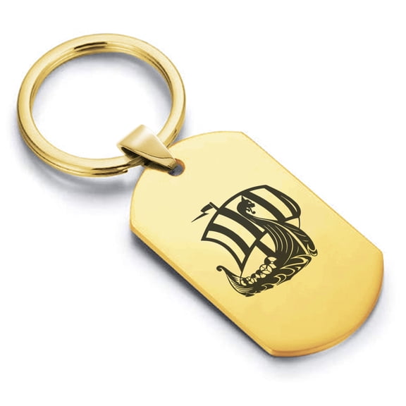 Stainless Steel Viking Ship Dog Tag Keychain Circle Ring