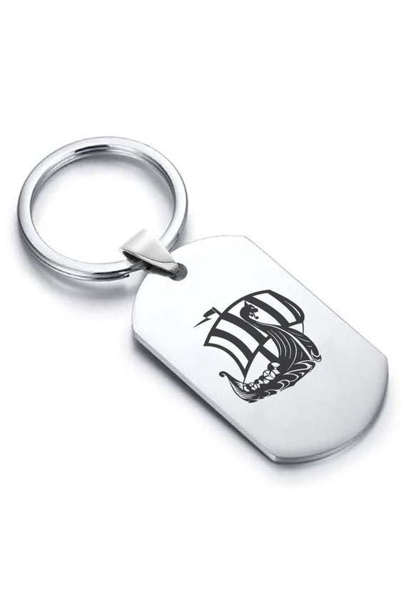 Stainless Steel Viking Ship Dog Tag Keychain Circle Ring