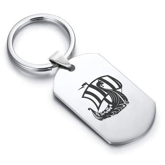 Stainless Steel Viking Ship Dog Tag Keychain Circle Ring