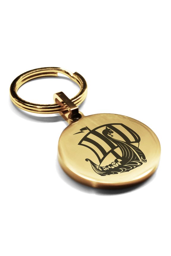 Stainless Steel Viking Ship Round Medallion Keychain Circle Ring