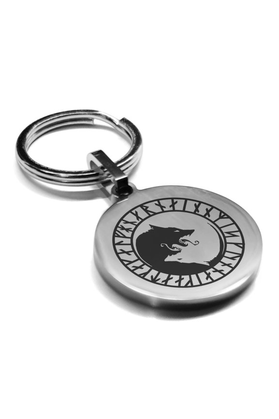 Stainless Steel Viking Ulfhednar Wolves Round Medallion Keychain Circle Ring