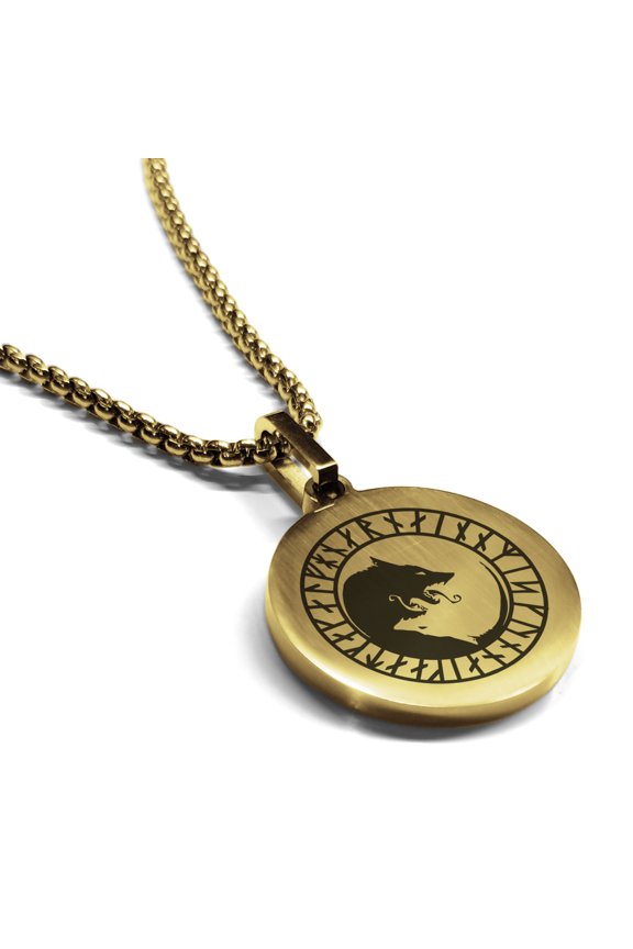 Stainless Steel Viking Ulfhednar Wolves Round Medallion Pendant Necklace
