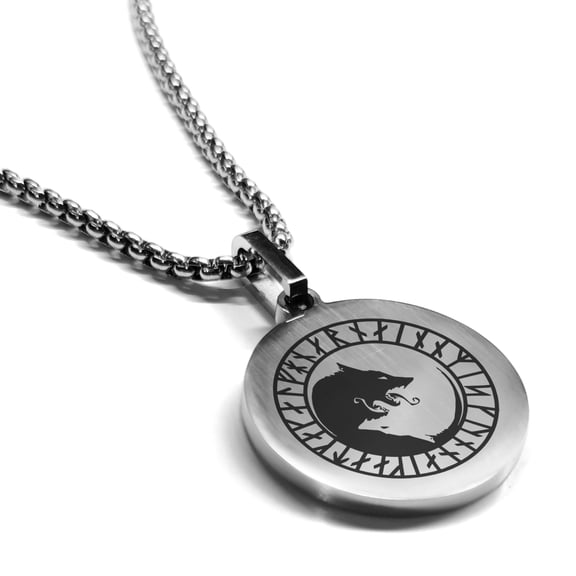 Stainless Steel Viking Ulfhednar Wolves Round Medallion Pendant Necklace