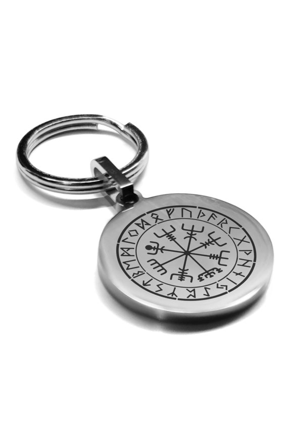 Stainless Steel Viking Vegvisir (Compass) Round Medallion Keychain Circle Ring