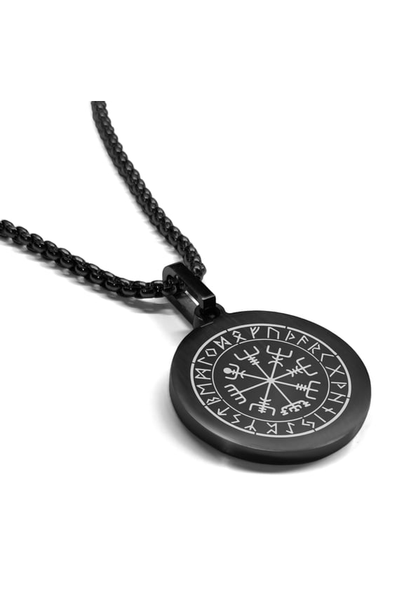 Stainless Steel Viking Vegvisir (Compass) Round Medallion Pendant Necklace