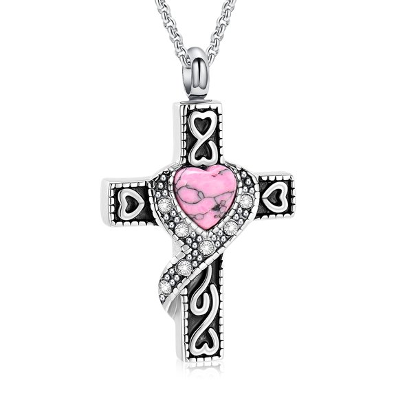 Stainless Steel Vintage Style Inlaid Heart Cross Cremation Urn Pendant Memory Necklace for Cremation Ashes Holder Memorial Jewelry