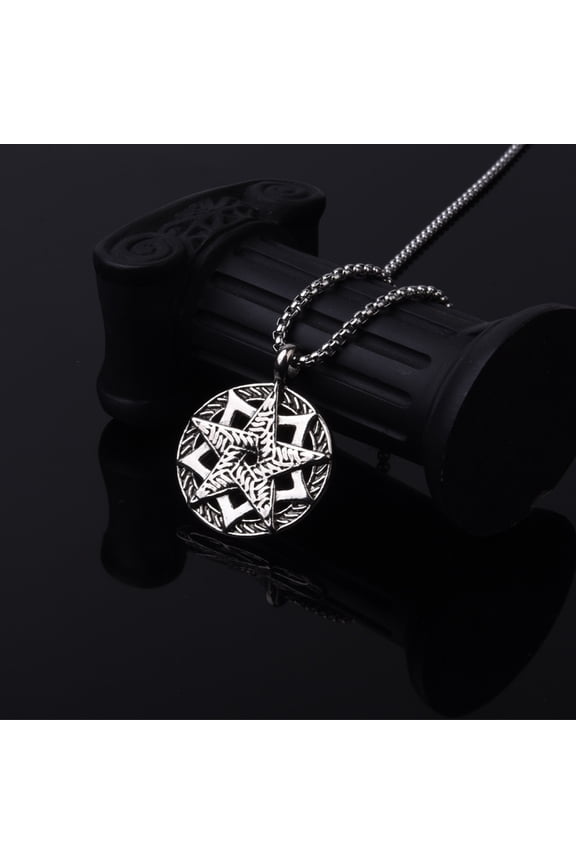 Stainless Steel Vintage Style Pentagram Pentacle Necklace Round Pendant for Men
