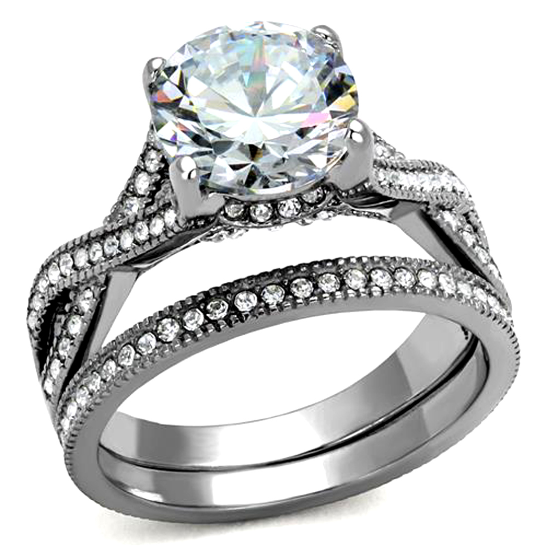 Stainless Steel Vintage Style Round Cubic Zirconia Engagement Ring Set Size 8
