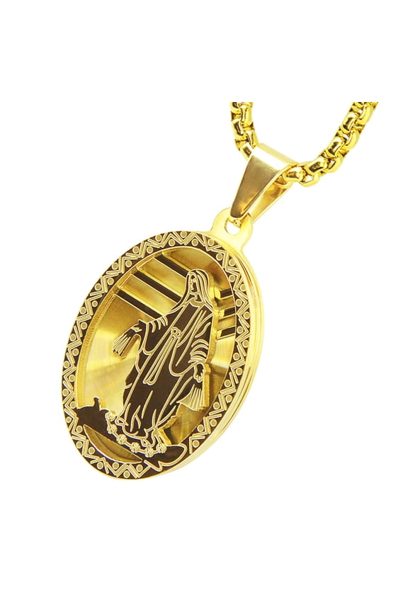 Stainless Steel Virgin Mary Guadalupe Oval Pendant with Box Chain 24" SCP 169 G
