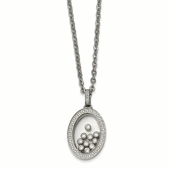 Finest Gold Stainless Steel Polished with Moving CZ Floating in Glass Oval 18 in. Necklace
