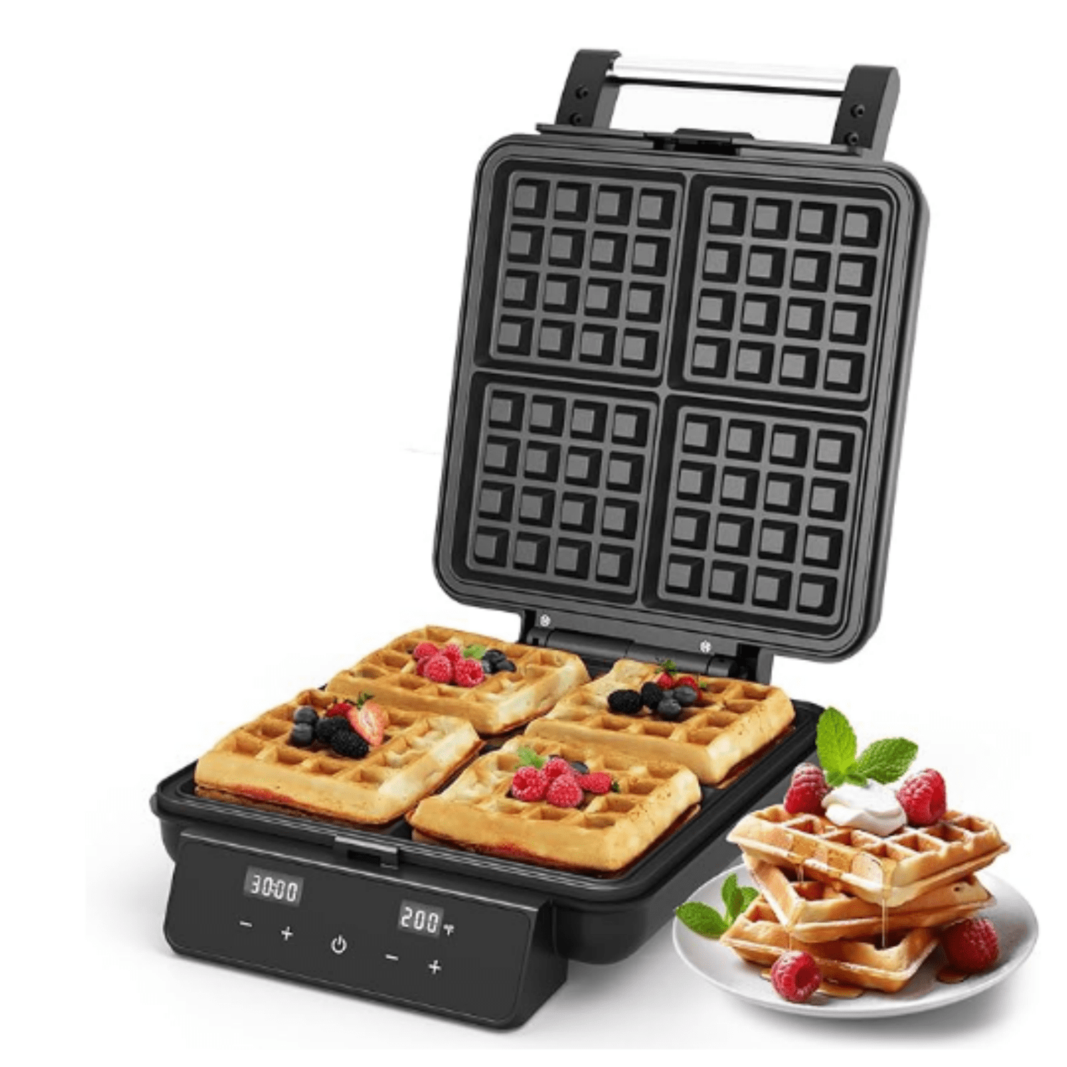 Stainless Steel Waffle Maker 4 Slices with Quick Heat-Up, Time & Temperature Control, LCD Display, Nonstick Surface, Perfect Waffle Iron for Kids and Families, Silver