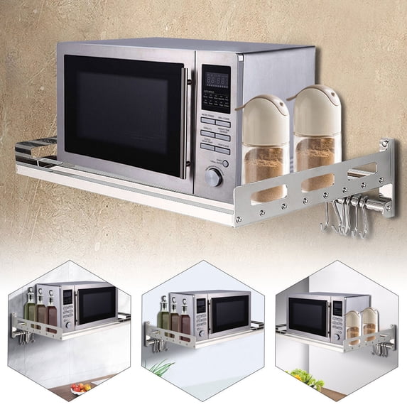 Stainless Steel Wall Mount Microwave Shelf, 60cm Heavy Duty Kitchen Organizer Rack with 12 Hooks for Spices & Utensils, Space Saving Storage for Microwave Oven in Apartments