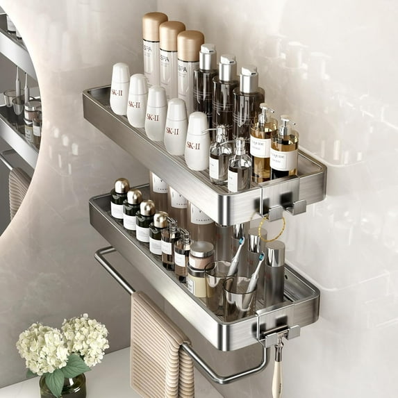 Stainless Wall Mounted Bathroom Shelves - 2-Tier Floating Shelf with Removable Hooks (Brushed Nickel)