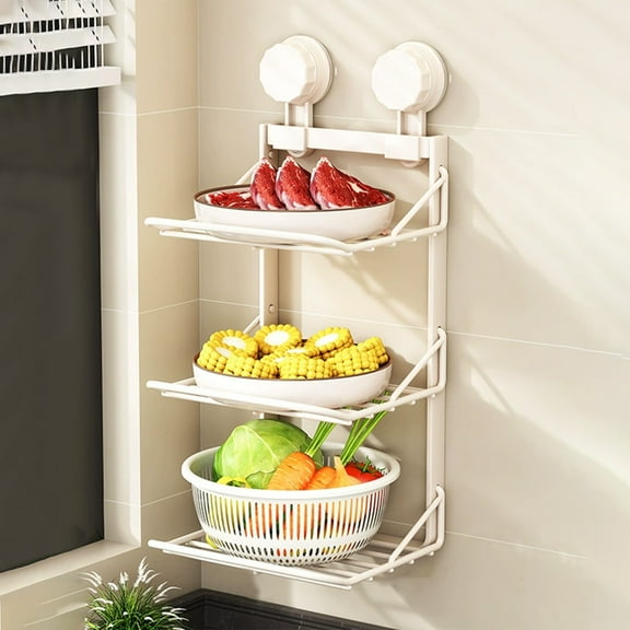 Stainless Steel Wall Mounted Kitchen Storage Rack | Multi-Layer No-Hole Suction Cup Shelf for Vegetables & Utensils | 1-Piece Set