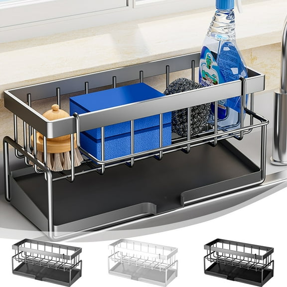 Stainless Steel Wall-Mounted Kitchen Storage Rack | No-Drill Install | Removable Drip Tray | Towel Holder | Compact Organizer | White or Gray | 23x10.6x9 cm | For Sponges, Cloths, Cleaning Tools