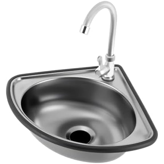 Stainless Steel Wall-Mounted Washbasin Single Bowl Sink, Small Corner Basin Sink Countertop Mounted Corner Basin Sinks Triangle Wash Basin Kitchen with Faucet & Drain Pipe for Bathroom Lavatory
