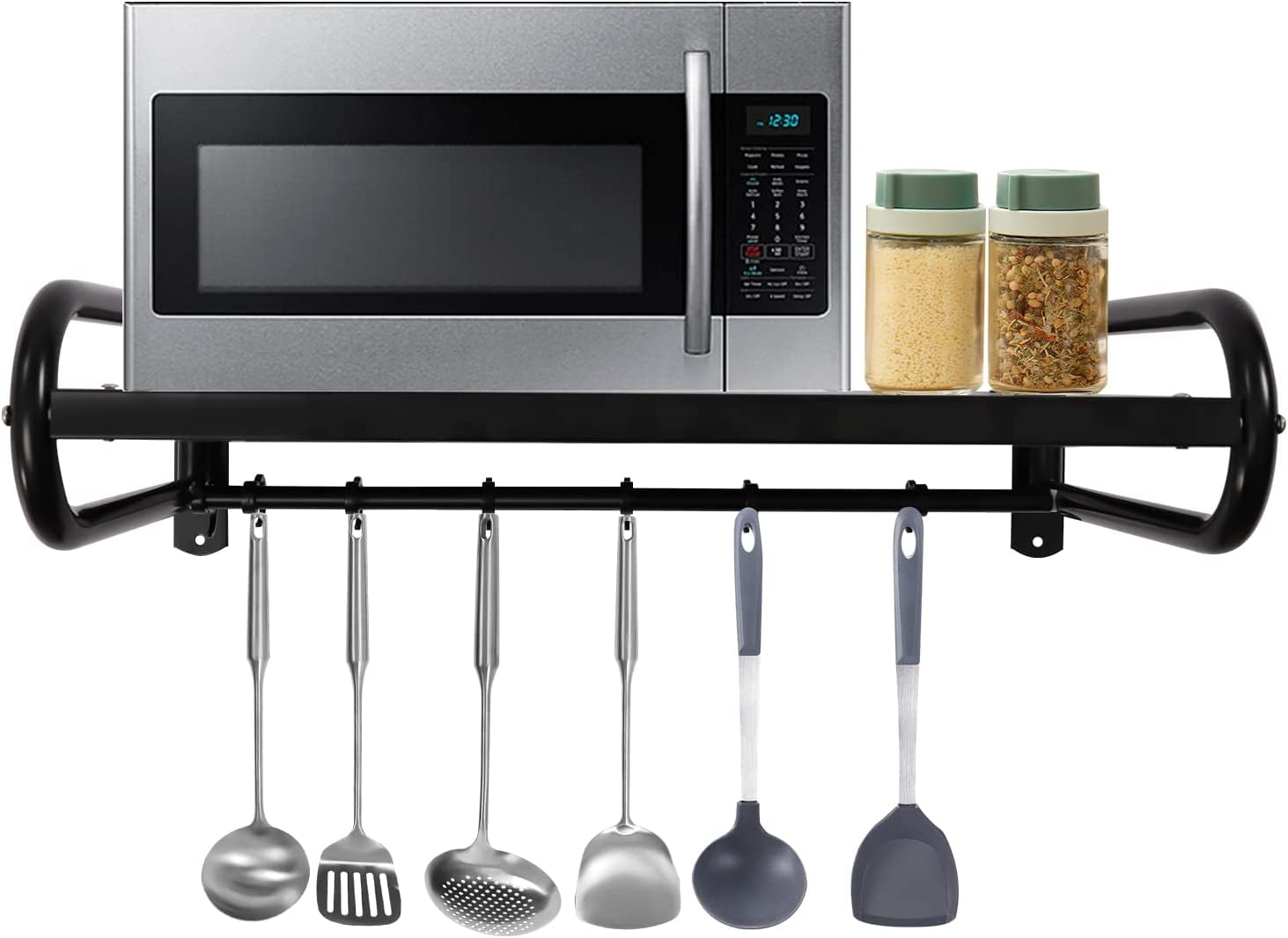 Stainless Steel Wall Shelf Metal Shelving 66lbs Wall Mount Microwave Oven Shelf with Backsplash and 2 Brackets for Restaurant,Kitchen Home Hotel Black