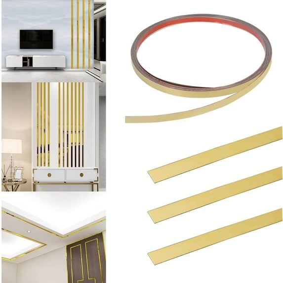 Stainless Steel Wall Tape,Metal Trim Self Adhesive Wallpaper,16.4 Ft Strip Metalized Mirror-Like Finish,Gold Wall Trim Molding with Flexible Mirror Edging
