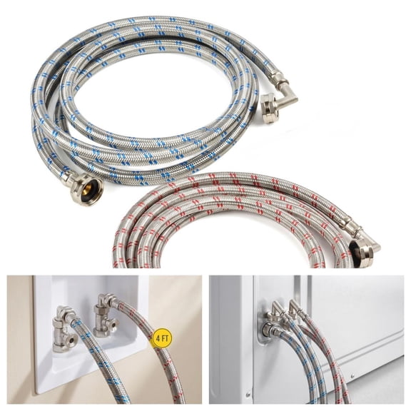 Stainless Steel Washing Machine Hoses - 4 Ft 90 Degree Elbow Water Supply Lines for Hot and Cold Water, 2 Pack