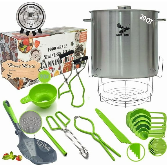 Stainless Steel Water Bath Canning Pot with Canning Supplies Starter Kit - Canning Rack,Food Grade Canning Ladle, Measuring Cups,Funnel,Tongs,Jar Lifter & Wrench,Lid Lifter, 90x Labels
