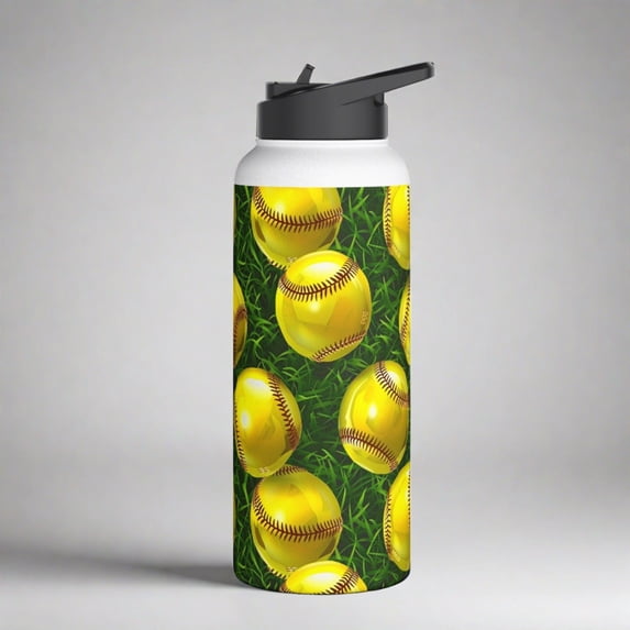 Stainless Steel Water Bottle, 32oz, 3D Softball - Double Wall Insulation Keeps Drinks Hot or Cold