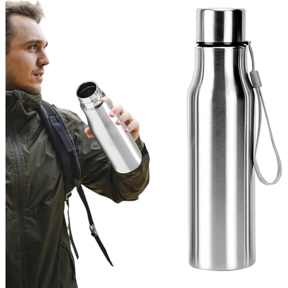 Stainless Steel Water Bottle, Single Wall Wide Mouth with Handle Loop, Leak Proof for Camping