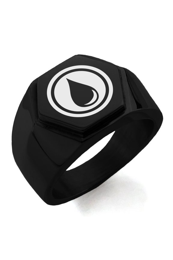 Stainless Steel Water Element Rune Engraved Hexagon Crest Flat Top Biker Style Polished Ring