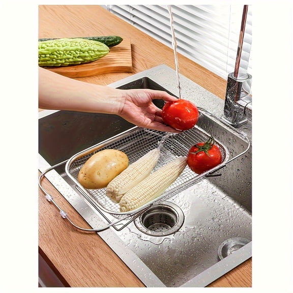 Stainless Steel Water Filter Basket - Large Portable Telescopic Foldable Strainer Rack, Adjustable for Cleaning Fruits Vegetables Rice, 13.39 x 9.45 Inches, Essential Kitchen Tool