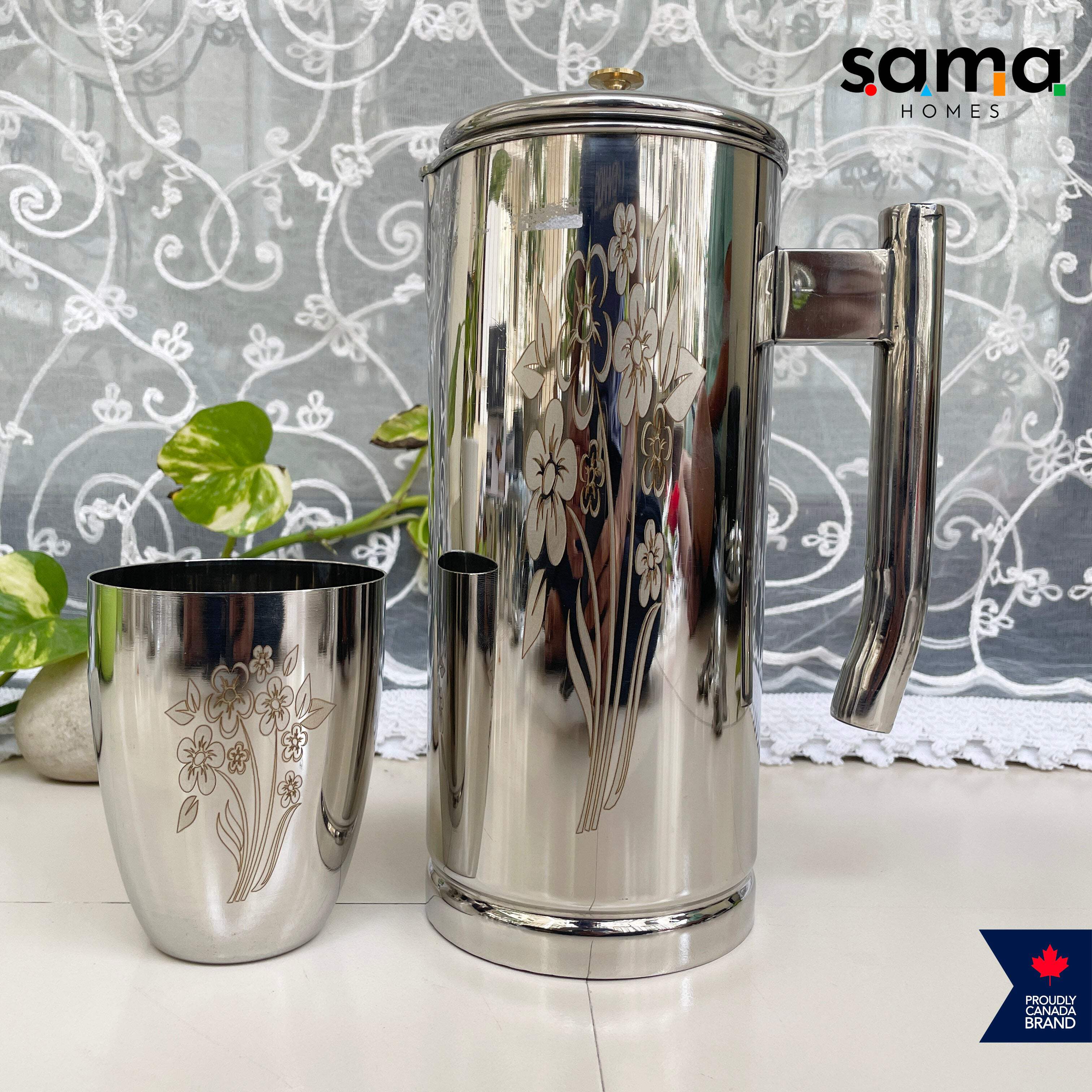 Stainless Steel Water Glass set of 6 with Jug | Laser and Plain Design | Premium Serveware