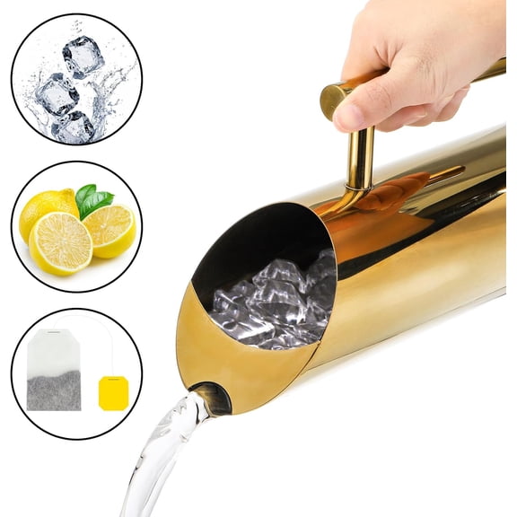 Stainless Steel Water Pitcher, 53oz/1.5L Modern Metal Pitcher with Ice Guard, Gold Carafe Drink Jug with Handle, Homemade Beverage Container for Iced/Hot Tea, Juice, Coffee, Milk