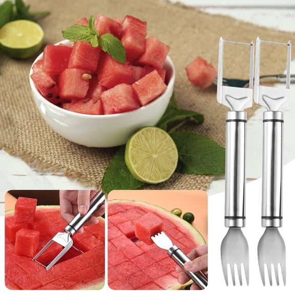 Stainless Steel Watermelon Cutter and Fork Tool – 2-in-1 Automatic Melon Slicer for Cubes, Easy Fruit Cutting Utensil for Home, Picnic and Camping