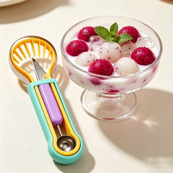 Stainless Steel Watermelon Scoop Baller Double Headed Fruit Carving Tool Set Three in One Melon Baller for Smoothies