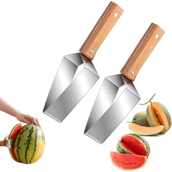 Stainless Steel Watermelon Slicer with Wooden Handle, V-Shaped Watermelon Knife for Cutting Watermelon, Cantaloupe, Honeydew, Kitchen Gadget for Summer Fruit