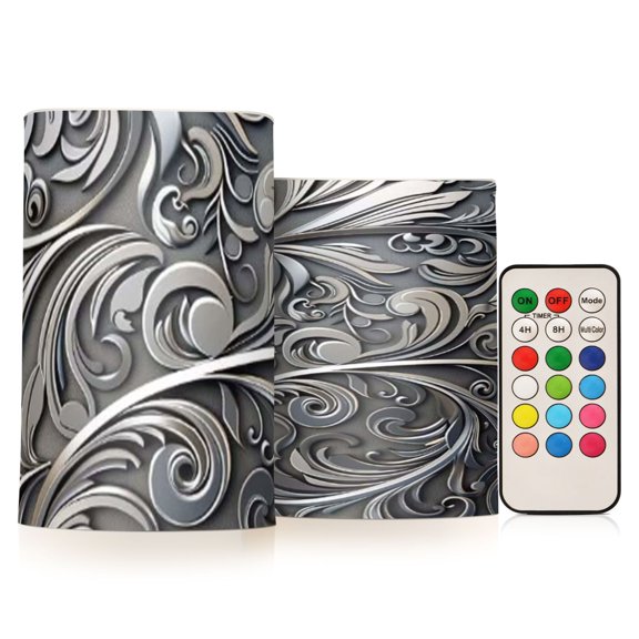 Stainless Steel Wave Flower Pattern Flickering Flameless Candles Battery Operated with Remote Timer LED Pillar Candles Set of 2