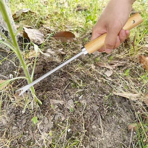Stainless Steel Weed Removal Tool – 12” Ergonomic Hand Extractor with Wooden Handle for Garden Weeding, Soil Loosening & Planting Tasks