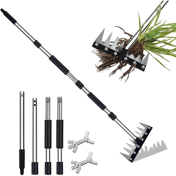 Stainless Steel Weeding Tool, Thickened Version 8 Tines Weeder Rake, Weed Puller Tool with Long Handle, for Removing Weeds, Loosening Soil, Cleaning Flower Beds, Pine Needles & Lawn Prep
