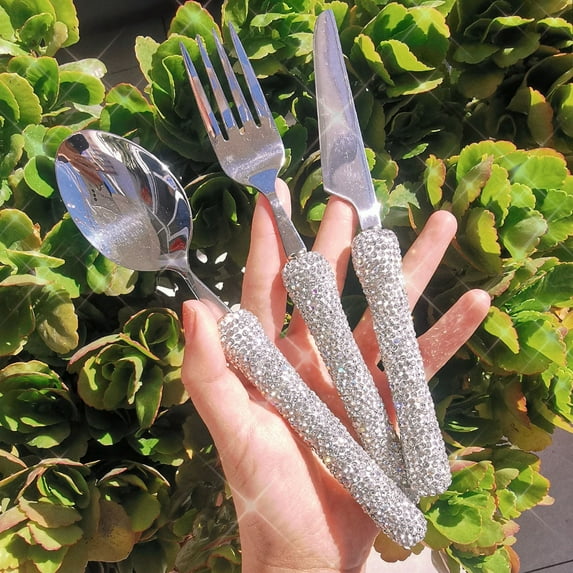 Stainless Steel Western Tableware Set, Classic Dinner Set, Knife, Fork, Manual Mosaic Rhinestones, Dinnerware, 3 Pieces (1)