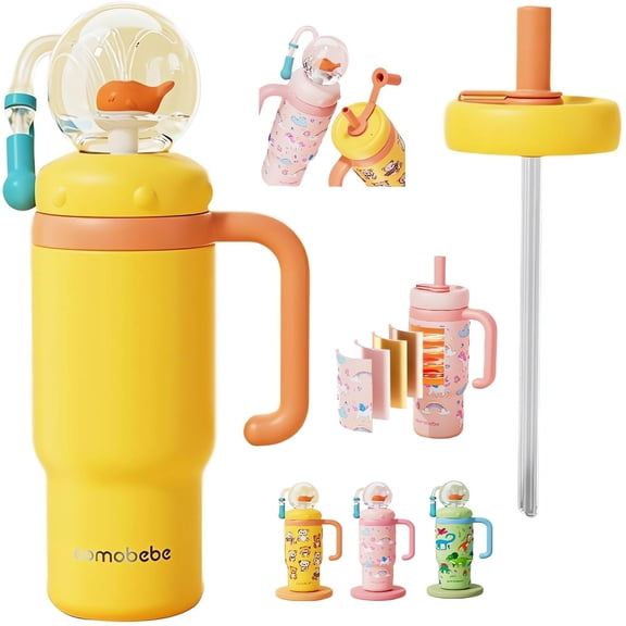 Stainless Steel Whale Fountain Tumbler with Handle, Insulated No Spill Kids Sippy Cup with Lid and Straw, Cute Leak Proof Travel Water Bottle (A3)