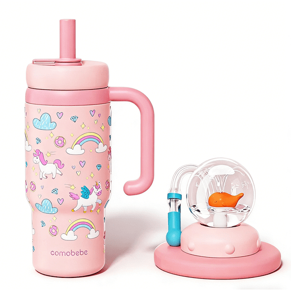 Stainless Steel Whale Tumbler with Straw, Insulated Leak Proof Kids Water Bottle, No Spill Travel Cup with Whale Squirt Spout & Handle(RL Pink 1 PC)