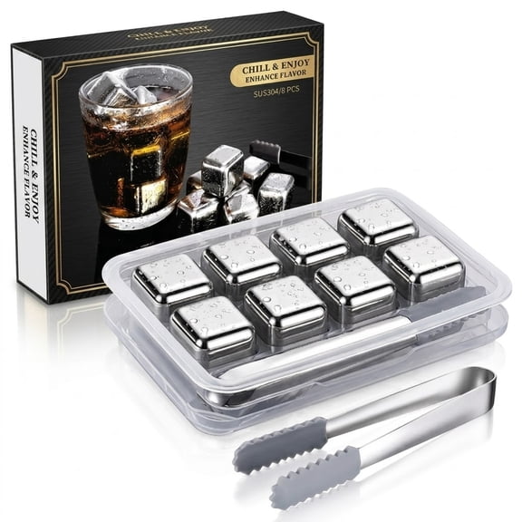 Stainless Steel Whiskey Stones 8 Pack, Reusable Metal Ice Cubes with Non-Slip Tongs & Freezer Tray, Chill Drinks Without Dilution for Whiskey, Bourbon, Scotch, Home Bar Set