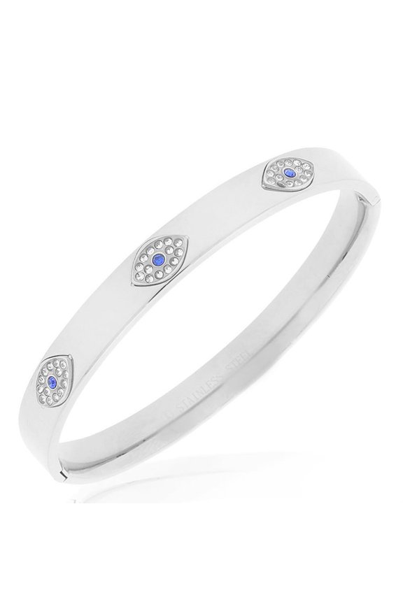 Stainless Steel White Blue CZ Evil Eye Protection Bangle Bracelet, 7.5"