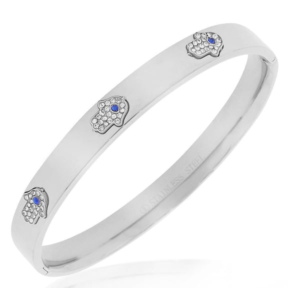 Stainless Steel White Blue CZ Hamsa Good Luck Bangle Bracelet, 7.5"