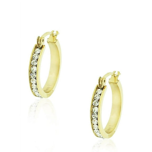 Stainless Steel White Clear CZ Classic Round Hoops Earrings, 0.85"