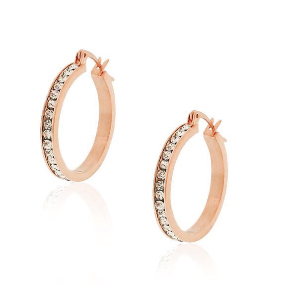 Stainless Steel White Clear CZ Classic Round Hoops Earrings, 1.00"