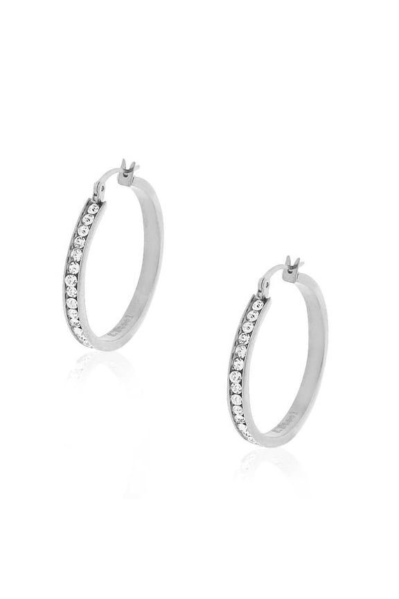 Stainless Steel White Clear CZ Classic Round Hoops Earrings, 1.25"
