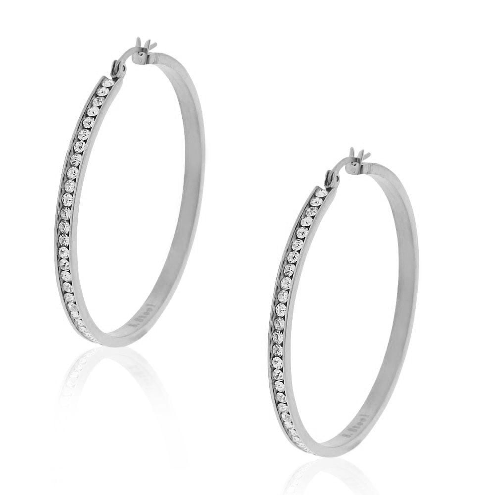 Stainless Steel White Clear CZ Classic Round Hoops Earrings, 2.00"