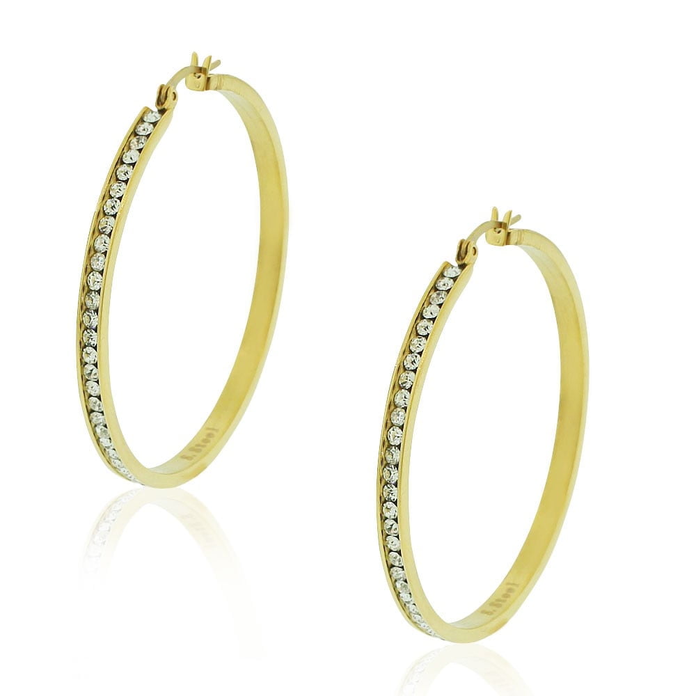 Stainless Steel White Clear CZ Classic Round Hoops Earrings, 2.00"