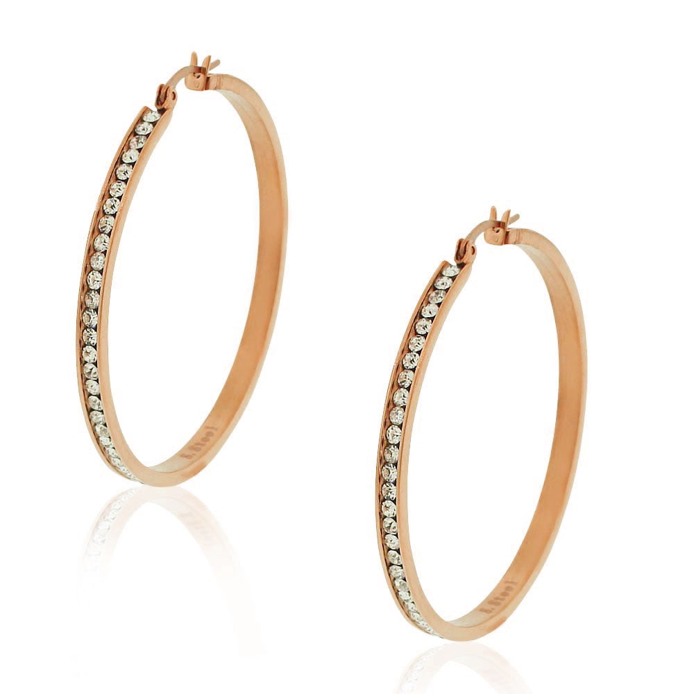 Stainless Steel White Clear CZ Classic Round Hoops Earrings, 2.00"