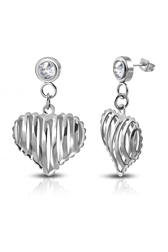 Stainless Steel White Clear CZ Love Heart Drop Dangle Earrings