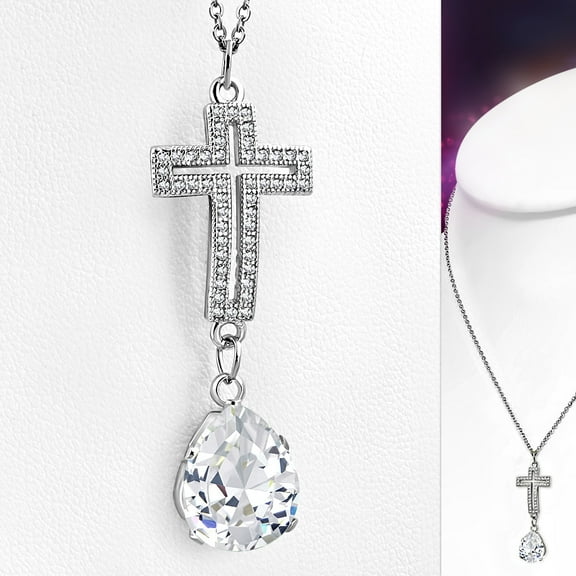 Stainless Steel White Clear CZ Womens Religious Cross Pendant Necklace - Silver Tone